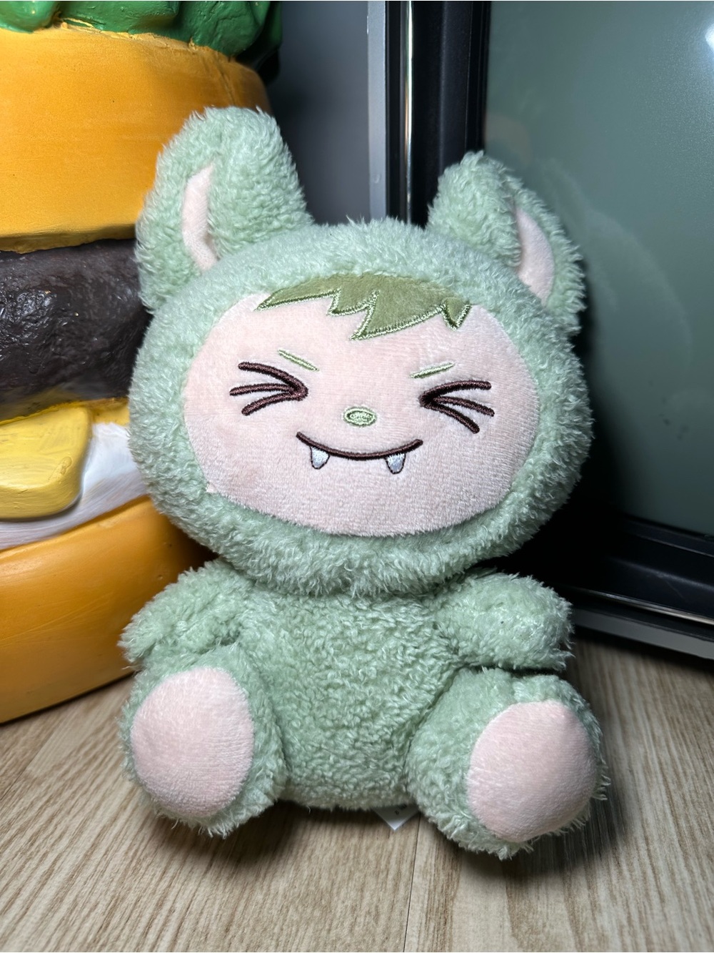 Plush Cat Plushie in Mint Green - Cute Fanged Design